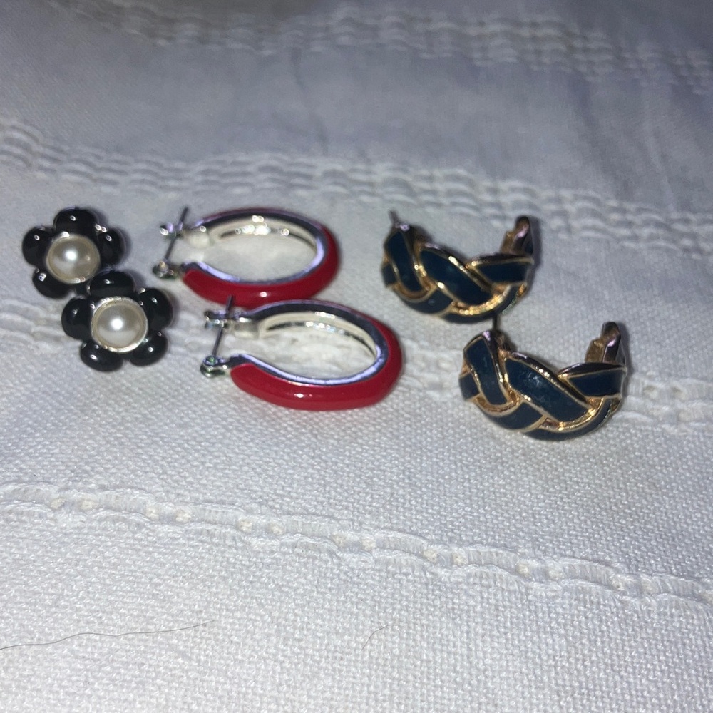 Vintage Red, Blue & Black Metal Enamel Earring Set -‎ 3 pair